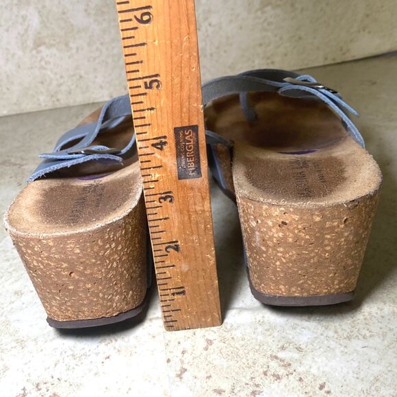 Womens Blue Leather Strappy Sandals Cork Wedge Sole Adjustable Buckle Strap - Picture 4 of 9